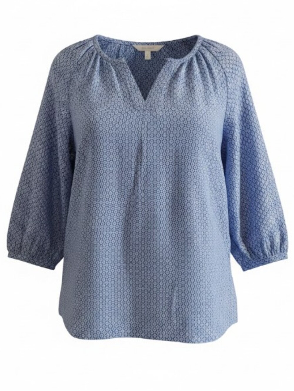 Relaxed Light Blue Printed Peasant Blouse with Split Neck
